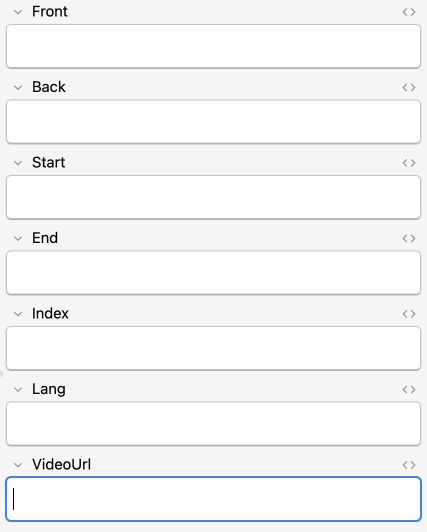 Empty Anki card fields named Front, Back, Start, End, Index, Lang, and VideoUrl.