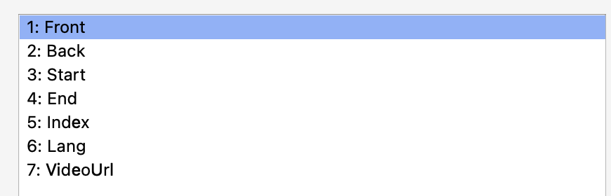 Anki fields list showing Front, Back, Start, End, Index, Lang, and VideoUrl.