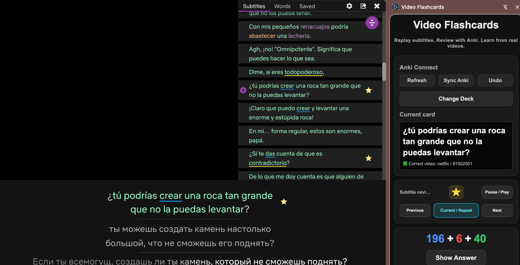 Video Flashcards side panel working alongside Language Reactor on a Netflix video.