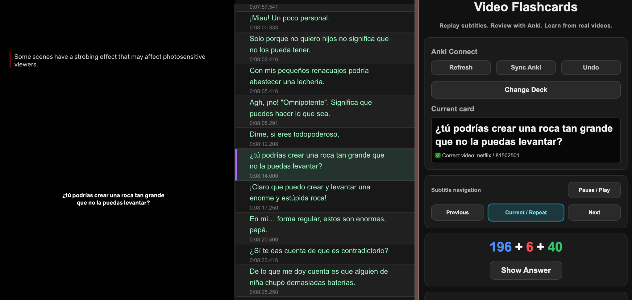 Video Flashcards standalone mode beside a Netflix video, with a subtitle panel and Anki review sidebar.